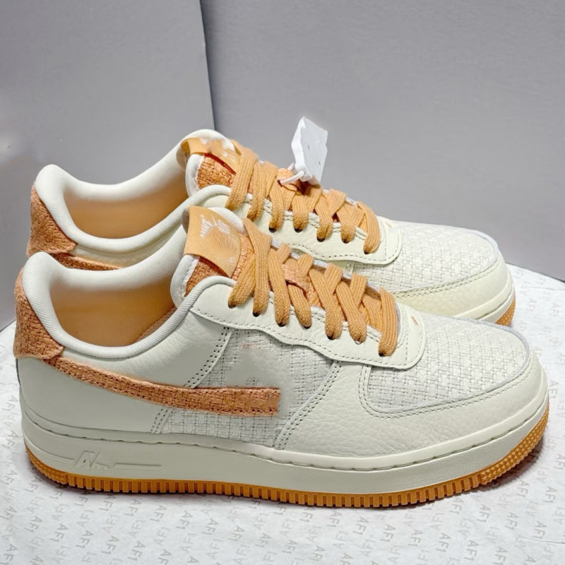 Original Af1 Air Force Sneakers in Beige and Orange with Houndstooth Weave, Thick-Soled Height-Increasing Skate Shoes for Men and Women, Casual Sports Trendy Shoes