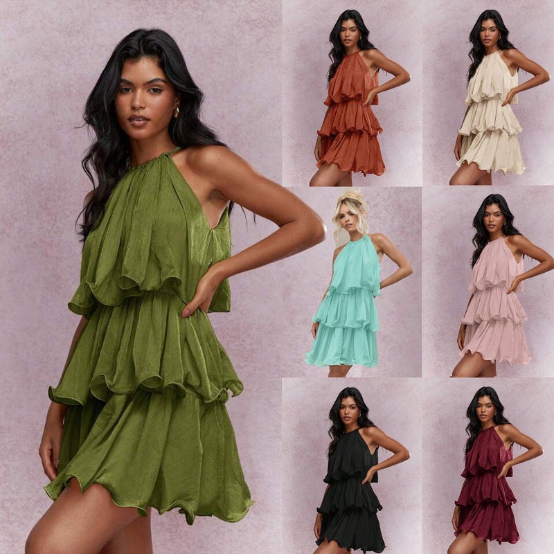 2025 Cross-Border Amazon Summer New Style Halterneck Sleeveless High-End Tulle Ruffled Elegant Dress