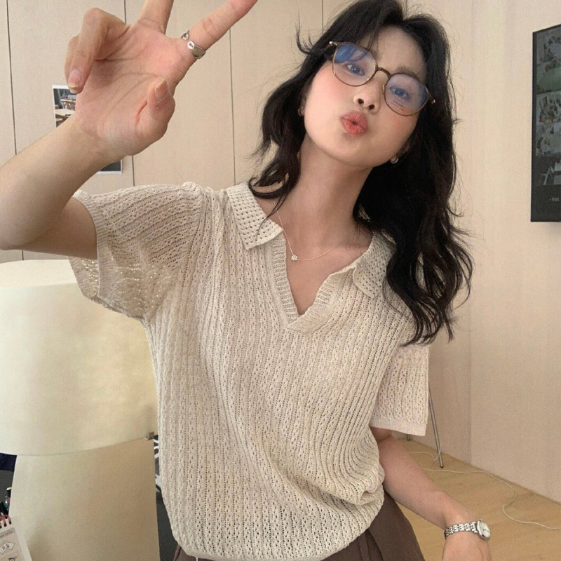 Old Money Style Outfit: Polo Collar Hollow-Out Knit Short-Sleeve T-Shirt for Women, Summer High-End Chic and Unique Top Old Money Style Outfit: Polo Collar Hollow-Out Knit Short-Sleeve T-Shirt for Women, Summer High-End Chic and Unique Top