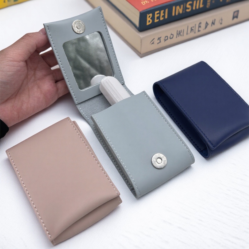 Leather lipstick case with makeup mirror, travel makeup touch-up storage bag, beauty product storage bag.