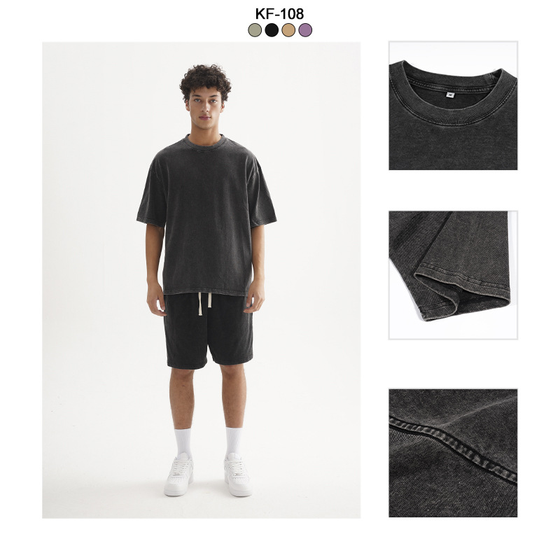 ETAI Hombre| Marca de tendencia transfronteriza pesada lavada con agua para hacer viejas camisetas retro estadounidenses de color sólido sueltas de hombro para hombres mangas cortas image 5
