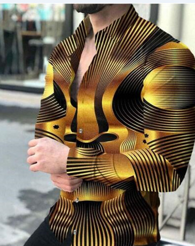 Comercio exterior 2023 primavera nuevos hombres gradiente de impresión digital solapa camisa de manga larga camisa casual de los hombres