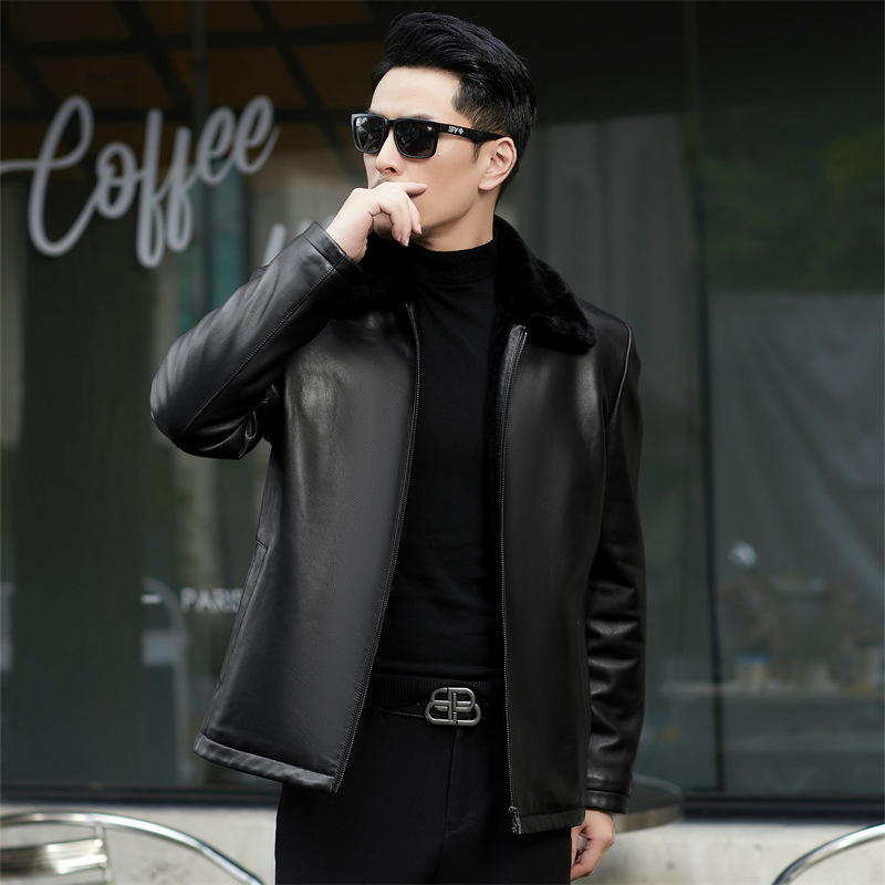 Haining Sheepskin Leather Jacket for Middle-Aged Men, Casual Turn-Down Collar, Wool and Fur Integrated, Thickened and Warm Leather Jacket