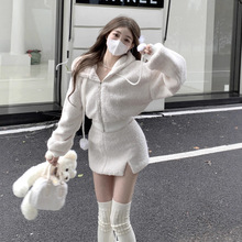 仿羊羔毛纯欲风开衫外套两件套女2025新款秋冬高腰半身裙套装短裙