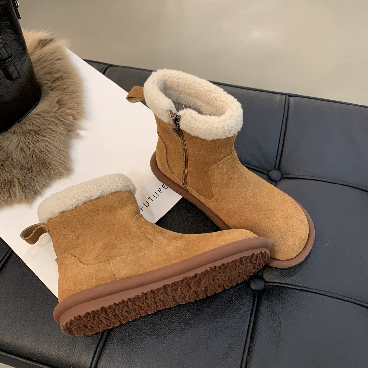 Snow boots women's winter fur one thick warm ankle boots with velvet cotton shoes_voghion.com