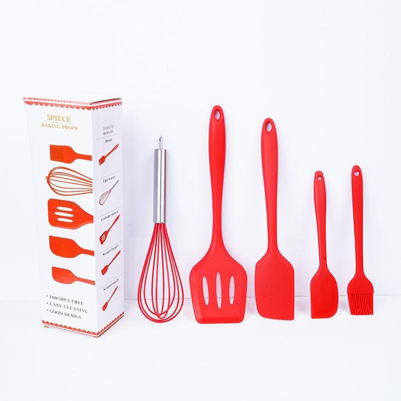 Juego de utensilios de cocina de silicona (5 piezas), espátula, brocha, batidor, grado alimenticio