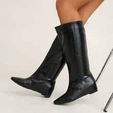跨境大码长筒靴女2025秋冬季新款尖头坡跟时尚舒适套筒女靴骑士靴