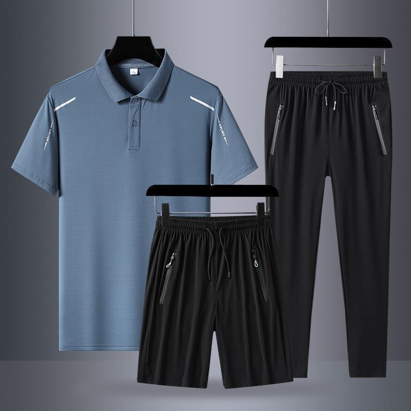 Verano helado juego deportivo hombre rápido secado tres piezas juego casual mangas cortas pantalones largos polo juego deportivo al por mayor
