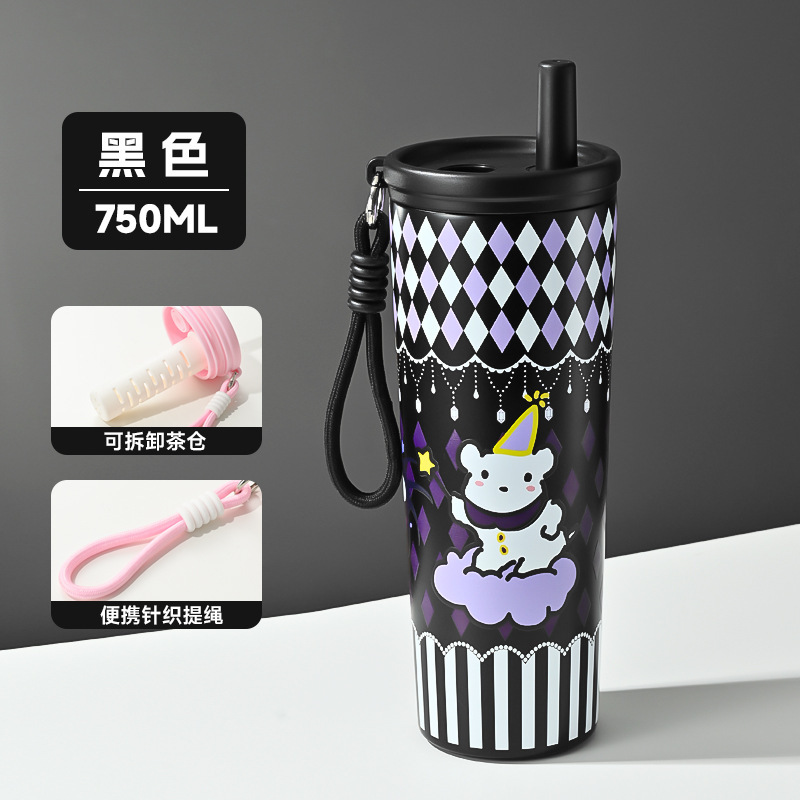 新しい漫画ポータブルストローカップ 316 ステンレス鋼真空断熱カップ茶倉庫茶水分離フラワーティーカップ|undefined