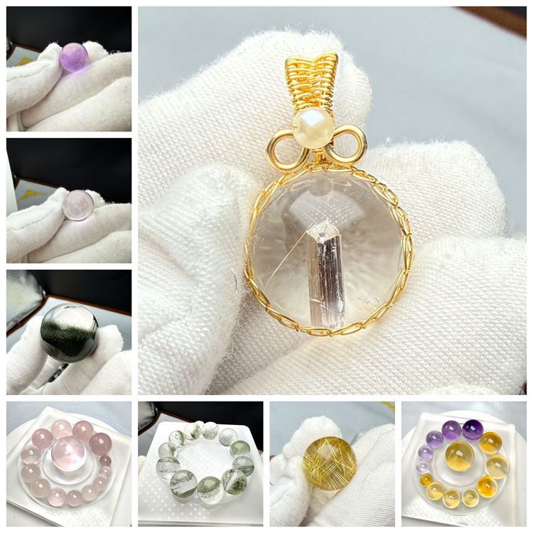 天然粉晶发晶紫水晶散珠圆珠DIY手串项链配件水晶半成品饰品批发