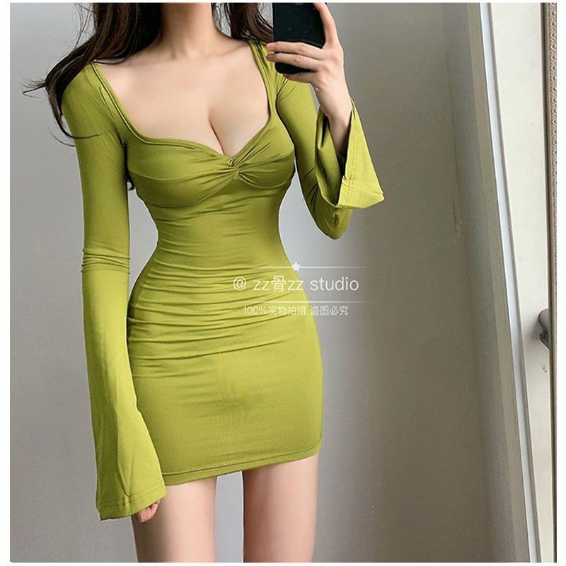 European and American style sexy low-cut design cross pleated V-neck solid color commuter bell sleeve elegant sheath dress
