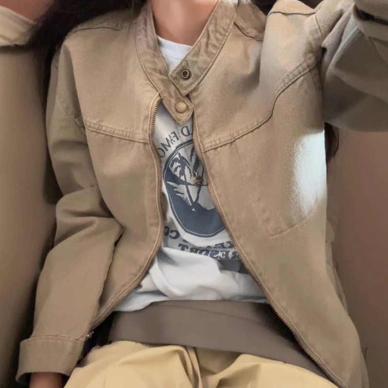 Spot Brown Heavy Washed Denim Jacket Stand Collar 2025 Spring Women's Personalized Loose Casual Flap Pocket Pants Jacket Spot Brown Heavy Washed Denim Jacket Stand Collar 2025 Spring Women's Personalized Loose Casual Flap Pocket Pants Jacket