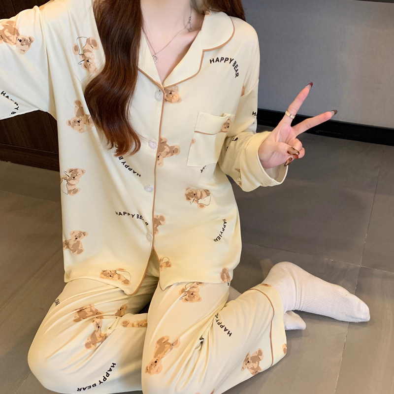 Source Factory (リアルショット) Sweet Ins かわいいクマのパジャマ レディース 長袖 カジュアル ミルク シルク ホームウェア セット|undefined