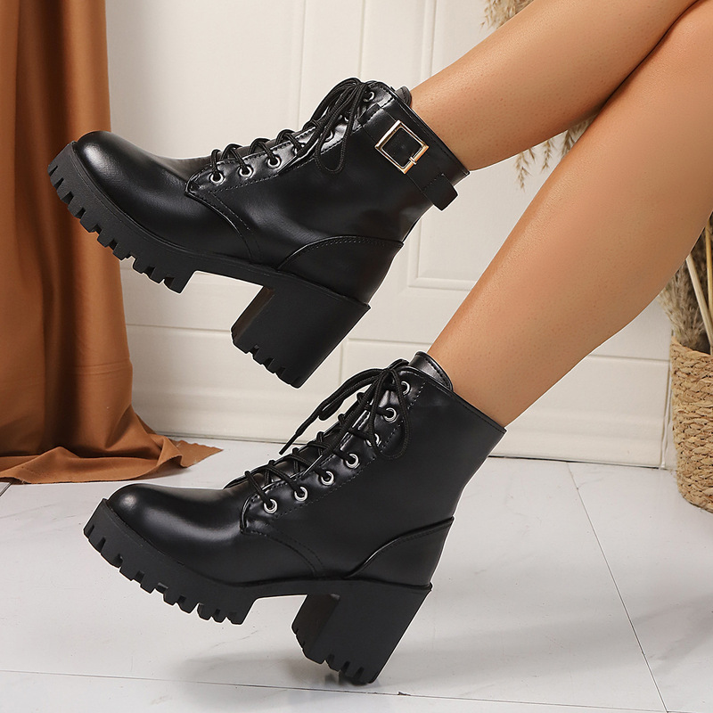 2026 Early Autumn New Large Size Women's Boots, Foreign Trade High-Heeled European and American Style Black Martin Boots, Round Toe Chunky Heel Lace-Up Leather Boots for Women