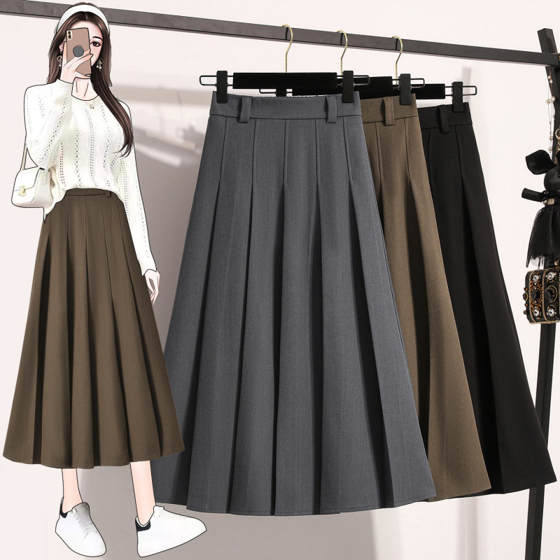 Plus Size Women's Autumn and Winter High-Waisted Slimming Woolen Skirt, Simple and Versatile Casual A-Line Skirt, Pleated Skirt, Trendy
