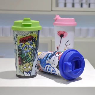 厂家热转印空白塑料双层杯咖啡杯翻盖款印图源头工厂双层款塑料杯