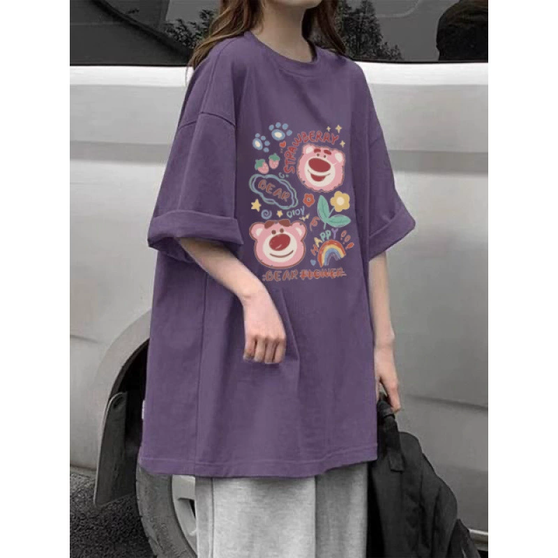 100% хлопок летом новый фиолетовый с короткими рукавами футболка женская повседневная свободная топ