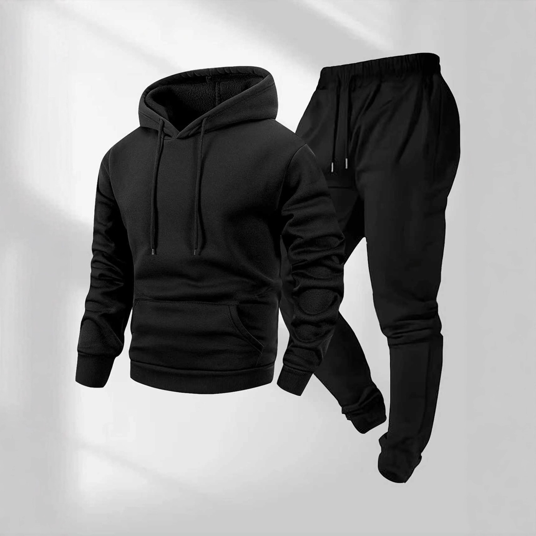 250g Cross-Border Men's Sports Hooded Solid Color Pullover Set Two-Piece Hoodie and Sweatshirt and Sports