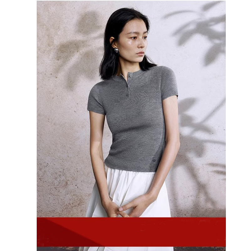 Long-term wardrobe with source factory spring sunny full Henry collar sweater women's 2025 spring new multi-color short sleeve pullover