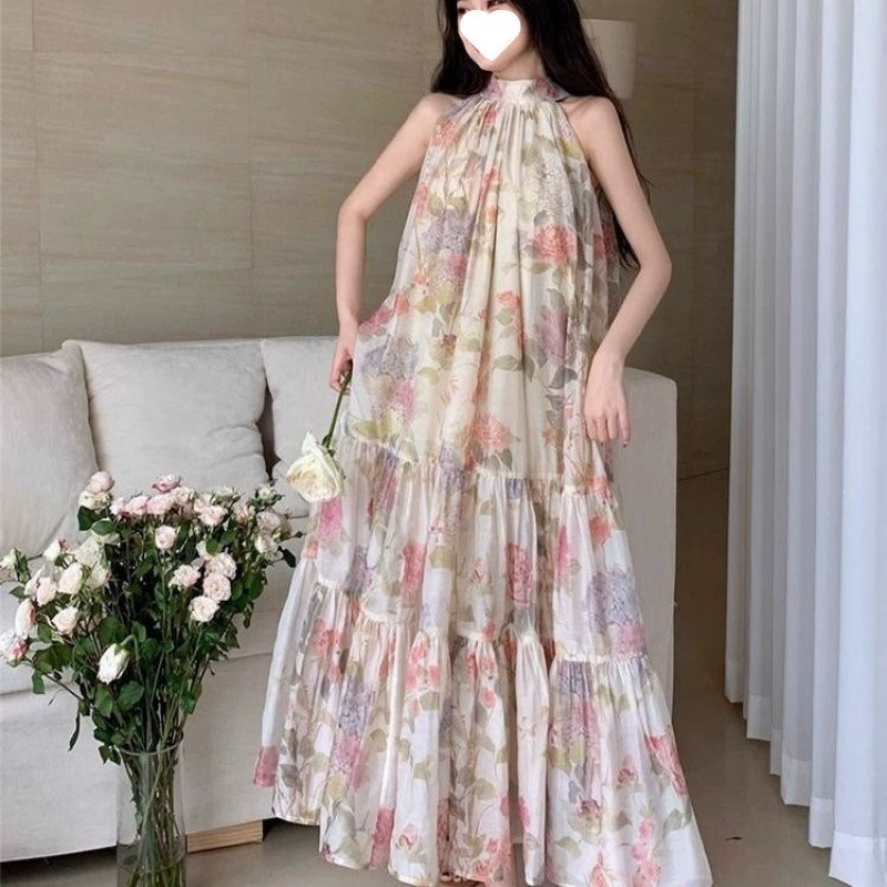 Плюс сайз винтажная юбка с принтом, новая для путешествий и отпуска, свободная, скрывающая фигура, длинная юбка с халтером, платье