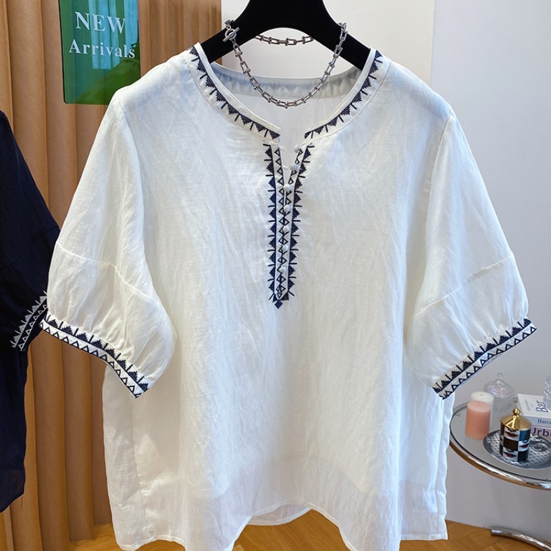 ボヘミアンエスニックスタイル刺繍シャツレディース半袖ルーズ薄手ラウンドネックシャツテンセルベビードールシャツトップ夏|undefined