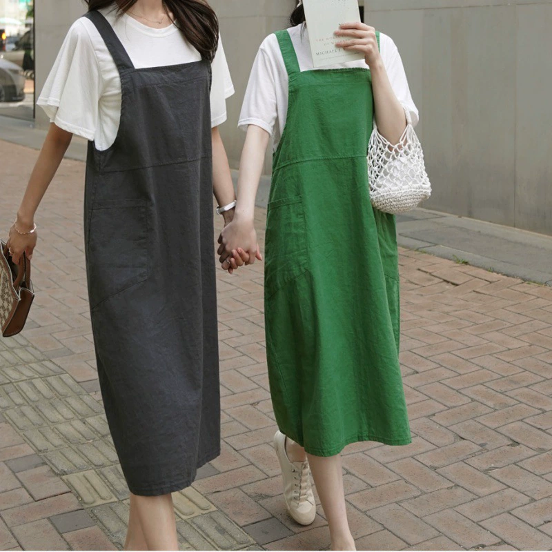 2023 Летняя новая корейская версия большого размера женская минималистская хлопчатобумажная подтяжка платье карманные свободные повседневные длинные юбки