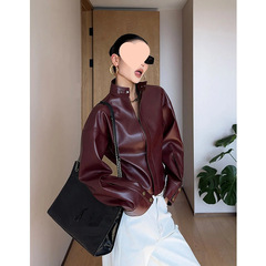 韩系设计感立领长袖外套女春季新款时尚显瘦皮衣减龄小众开衫上衣