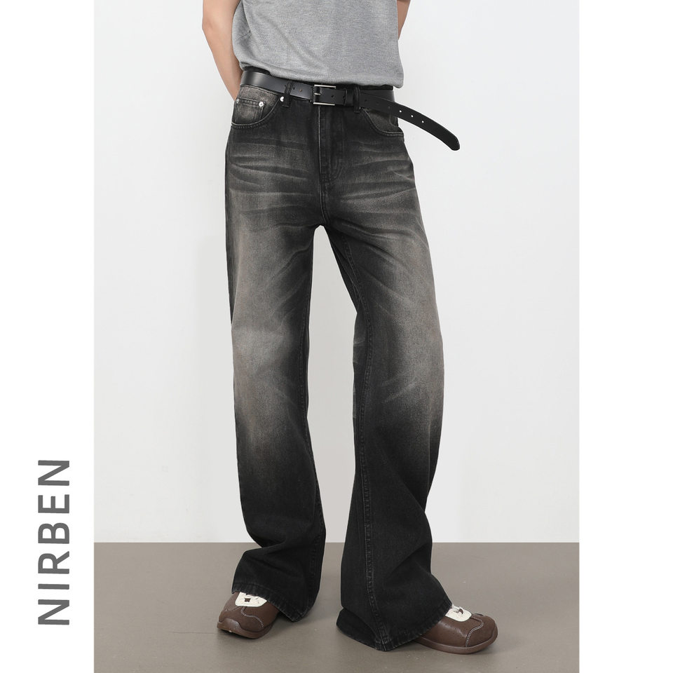 Quần jean nam ống loe nhẹ dáng rộng thoải mái, vải denim xử lý bạc màu — màu xanh, màu xanh nhạt, màu xám đen