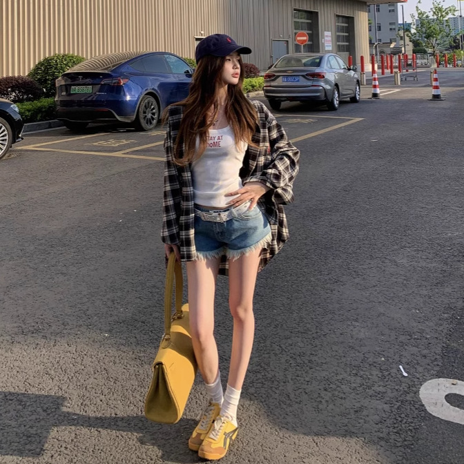 RHGD实拍！蓝色美式牛仔裤a字短裤女格子防晒衬衫工字背心三件套