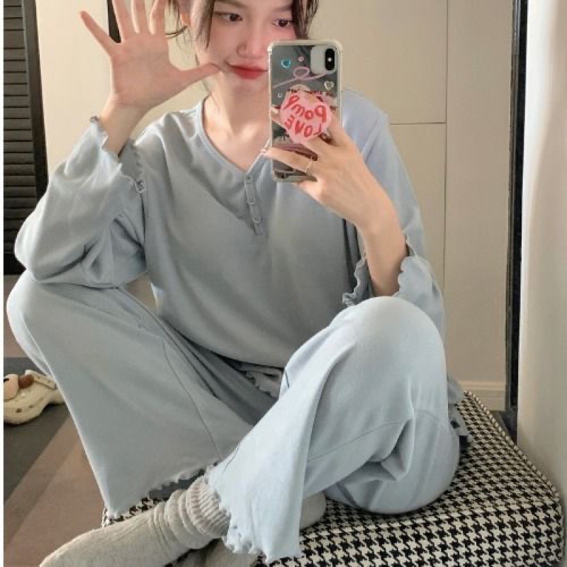 따뜻한 긴 소매 벨벳 투피스 홈 옷을 입고 여성 세트 단색 기모 한국 느슨한 귀여운