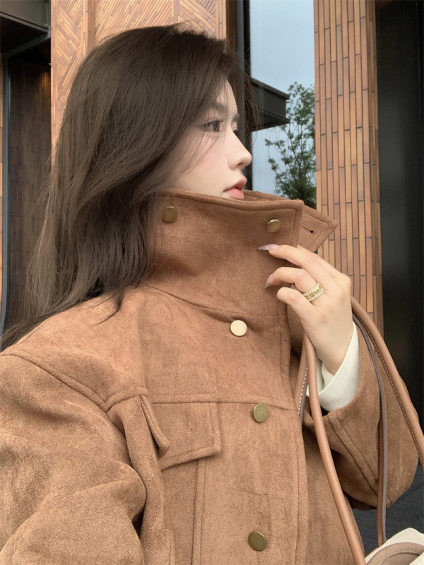 美拉德棕色麂皮绒外套女装秋季新款复古立领宽松时尚休闲上衣|undefined