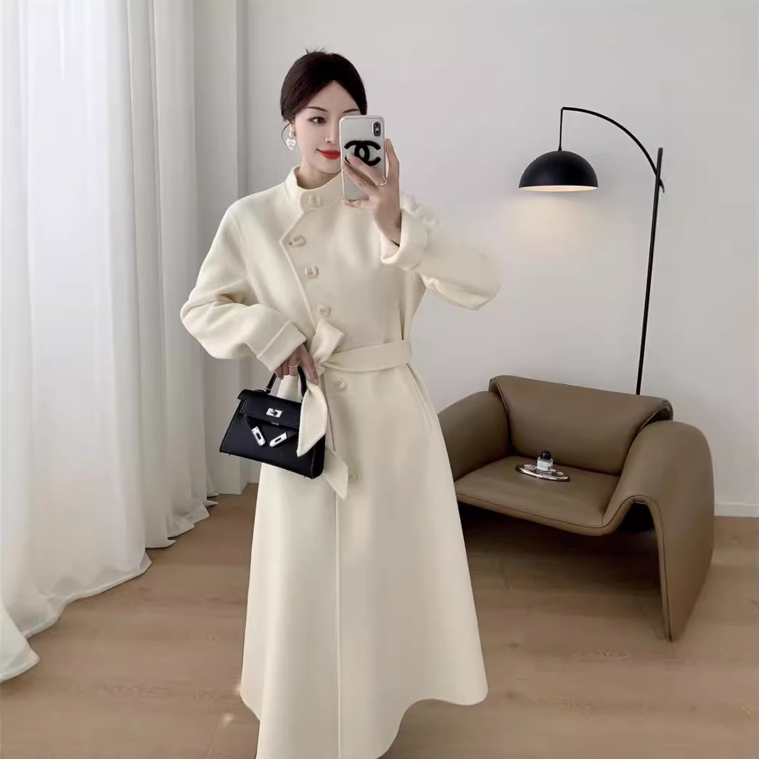 프랑스 딸 향기로운 스타일 폭스 모피 목도리 양면 양면 양모 코트 여성의 긴 우아한 연예인 코트