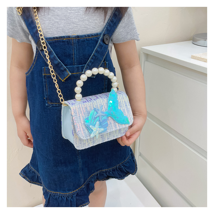 Girl's Small Cotton Shell Fish Tail Cute Sequins Pearls Square Flip Cover Crossbody Bag display picture 1