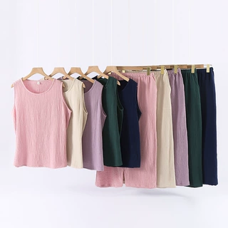女士纯棉夏季简约家居服绉布棉纱圆领套头无袖背心薄款外穿套装