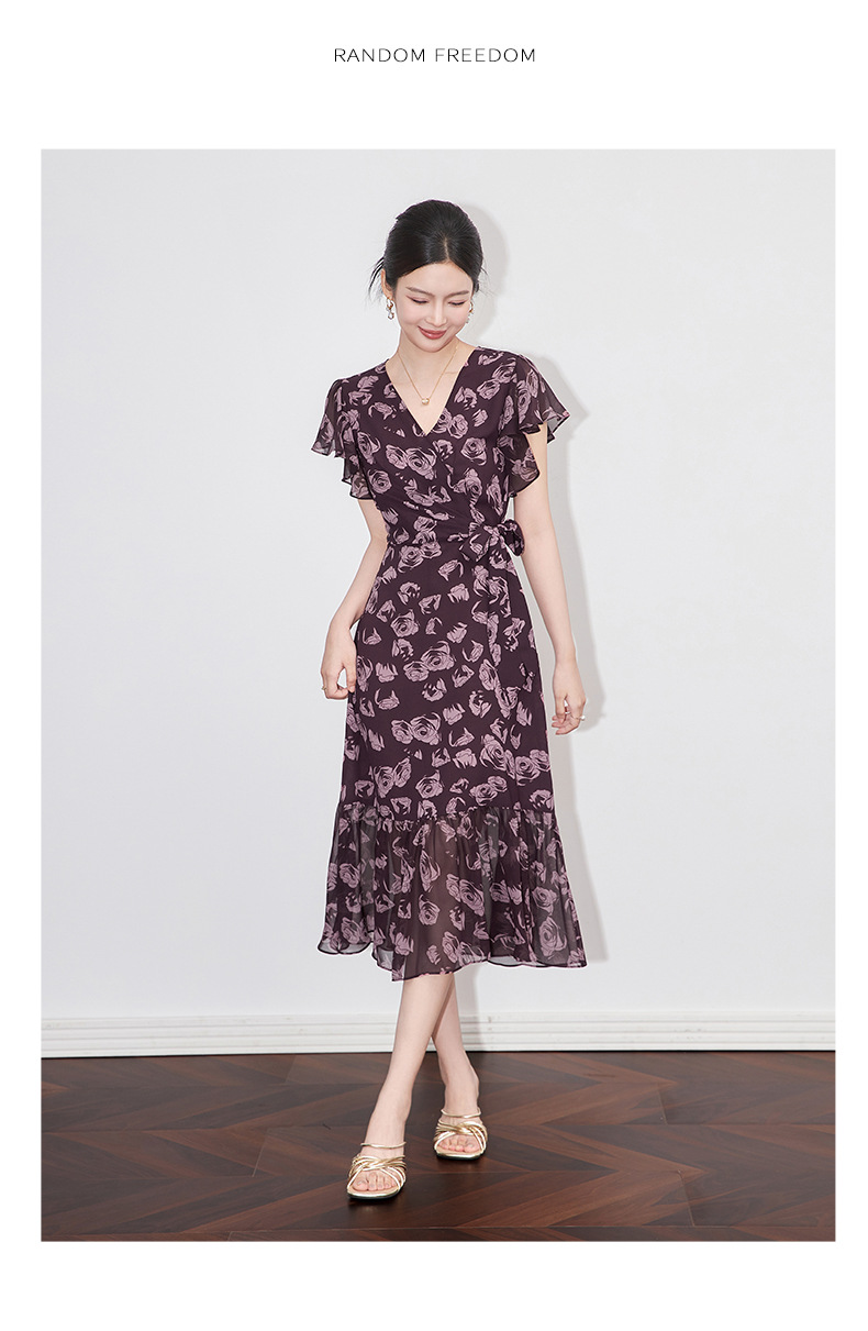 Váy maxi nữ cổ chữ V in hoa thắt eo phong cách cổ điển Pháp — Hoa xanh lam chi tiết 10