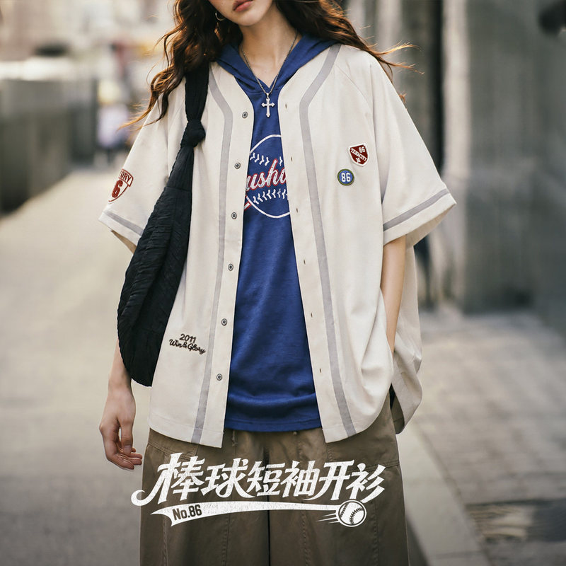 Madden American Retro Baseball Uniform Short-Sleeved Cardigan Five-Quarter Sleeve Loose Hip-Hop Shirt Niche Sports Top for Women Summer