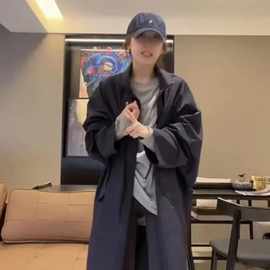 韩国chic秋季新款复古英伦风可拆卸连帽中长款风衣外套女图片色棉