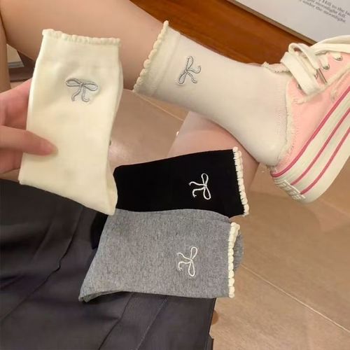 Breathable bubble mouth bowknot women's spring and winter versatile thin crew socks sweat absorbent stack socks