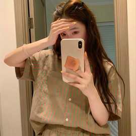 韩系慵懒风棕色拼接绿条纹短袖睡衣女款夏季舒适家居服套装可外穿