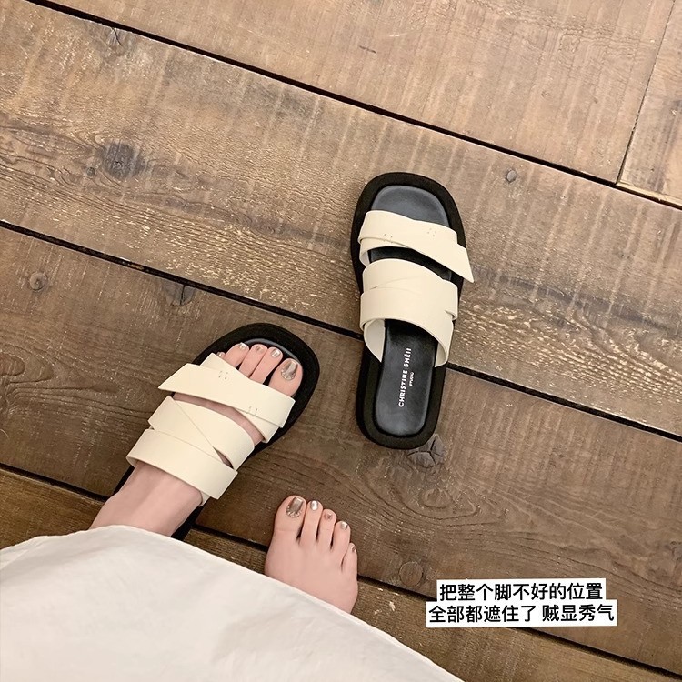 [Sheii Su Yinyin] Arrastre alrededor ~ Pantuflas de ocio de vacaciones de playa de suela gruesa de cabeza cuadrada, sandalias de mujer, verano