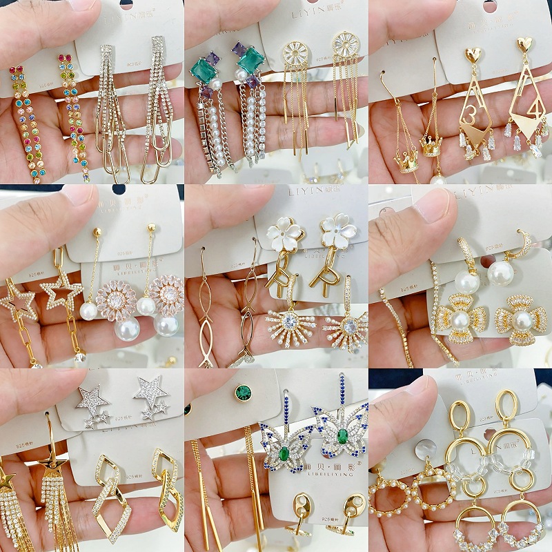 Fashionable long earrings with zircon from pearl