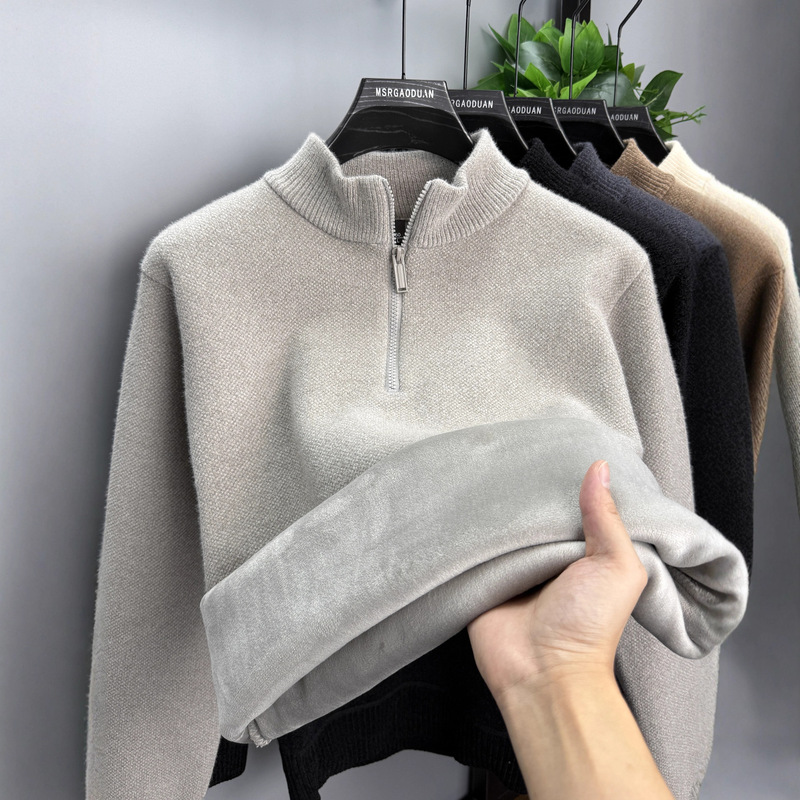 【One-Piece Fleece】Winter Chenille Sweater for Men, Fleece-Lined and Thickened, Half-High Collar, Zippered, Warm Top, Base Layer Shirt