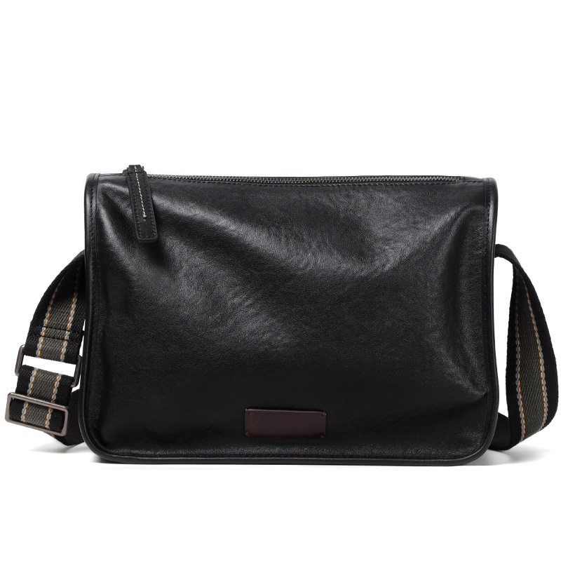 Túi đeo chéo nam da bò kiểu retro 29×11×17 cm — Màu đen da thực vật, Da cầm tay màu đen