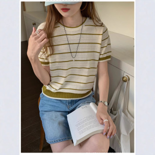 2025 New Summer Style French Retro Knitted Cotton Short-Sleeved T-Shirt Women's Stripesd Design Right Shoulder Top