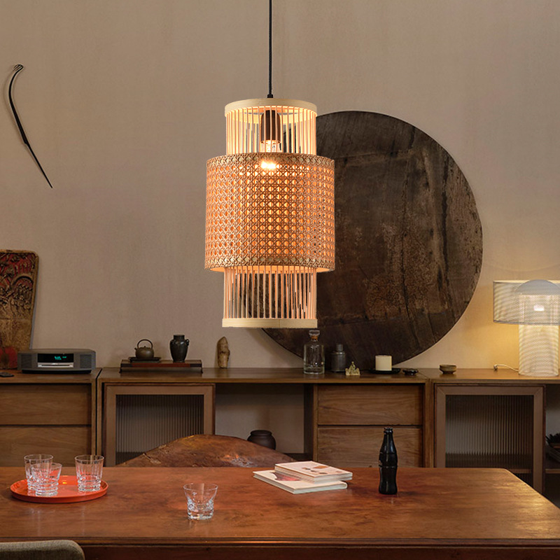 Nuevo restaurante chino de bambú trenzado lámpara candelabro Zen sala de té residencial lámpara de arte de bambú hotel retro tienda de olla caliente lámpara trenzada de caña