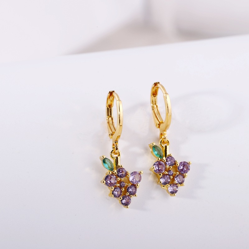 Fruit Earring Necklace Set Colorful CZ Zircon Earrings Grape Cherry Piercing Jewelry Gold detail image 10