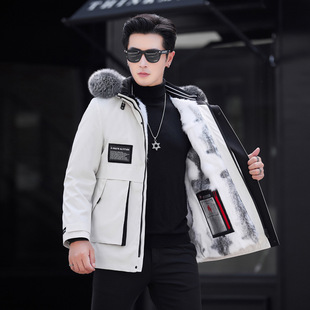 Parker Men's Winter New Warm Mid-length Fur Coat Rex Rabbit Liner Fur Coat