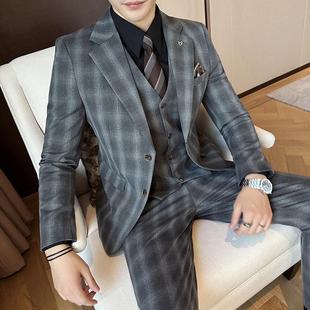 Groom's Wedding Suit Men's Formal Business Casual Three-Piece Suit Handsome Slim Korean Style Plaid Suit Dropshipping