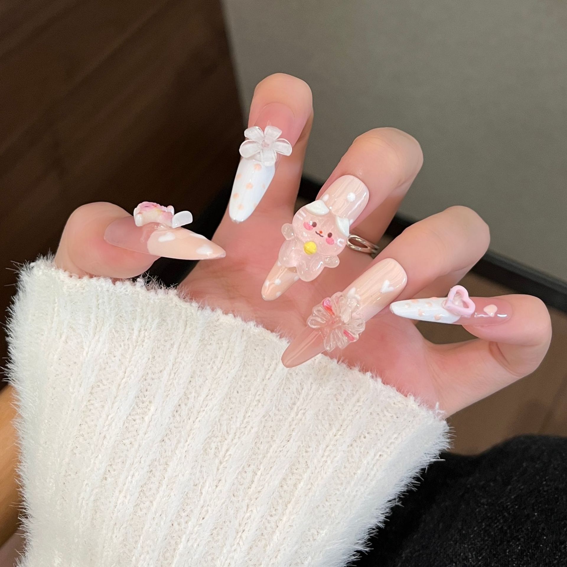 Caricatura encantadora larga mano de uñas hechas a mano pura mano de los estudiantes de uñas de uñas pegatinas desmontables