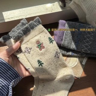 灰紫色羊毛袜子女中筒袜秋冬款加厚加绒保暖韩版日系冬天长堆堆袜